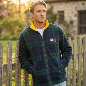 Vintage 90s Tommy Hilfiger Flag Logo Plaid Fleece Jacket Yellow Lined Size M